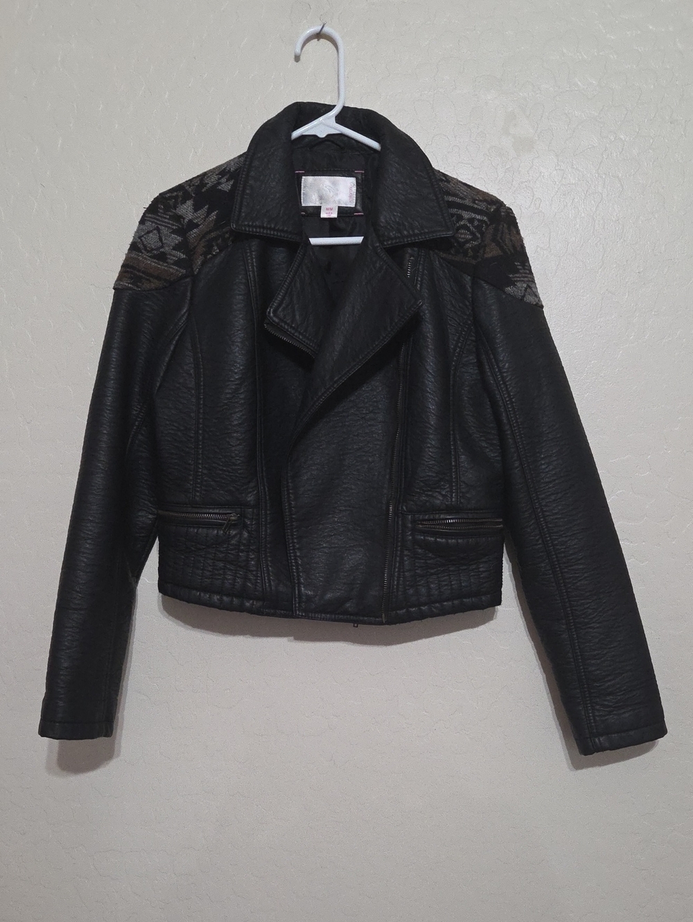 Xhilaration Black Faux Leather Jacket with Brown Patterned Shoulder Panels
